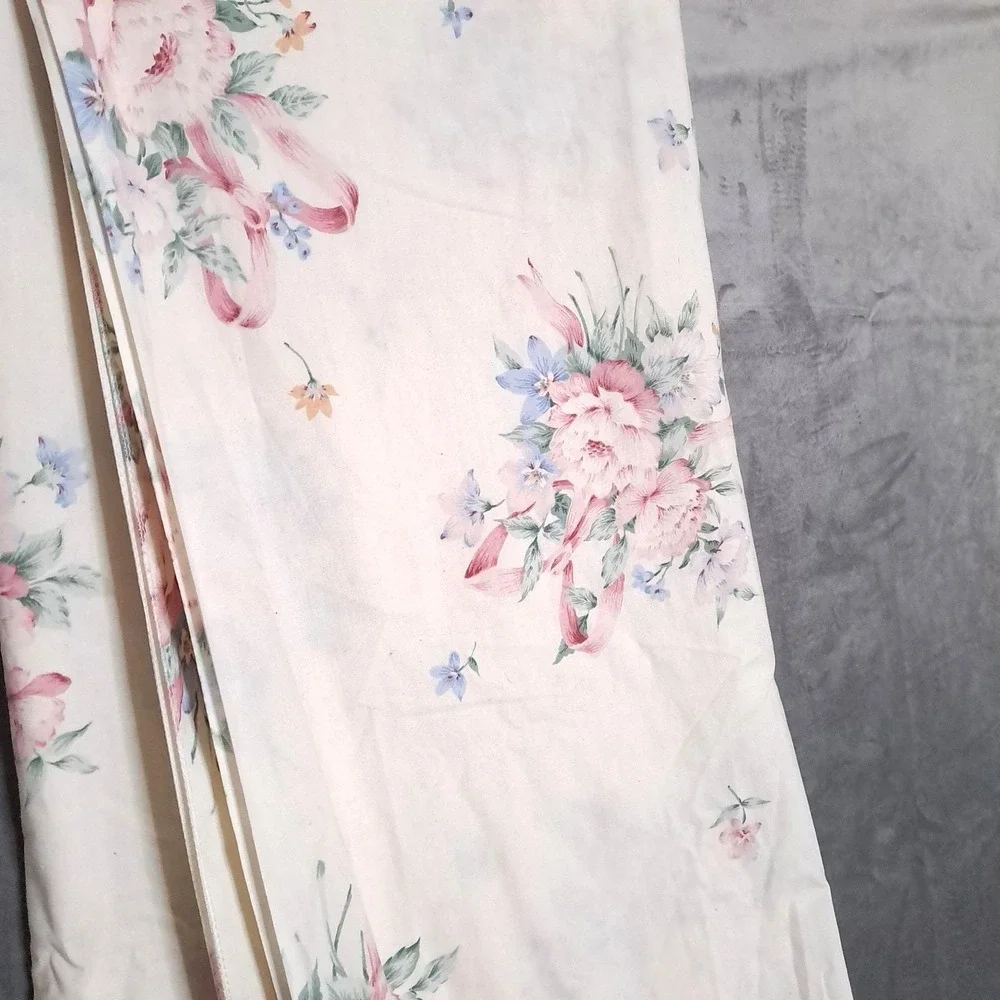 Springmaid Fitted Bed Sheet Twin Pink Floral Ribbon Vintage No Iron Percale